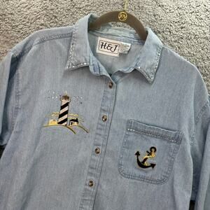 VTG H&J Women's Large Denim Shirt Embroidered Lighthouse Anchor Rhinestones EUC